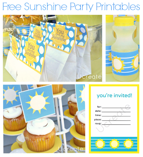 Sunshine Party Free Printables {party bag toppers, cupcake toppers, bottle wraps, and invitation}!